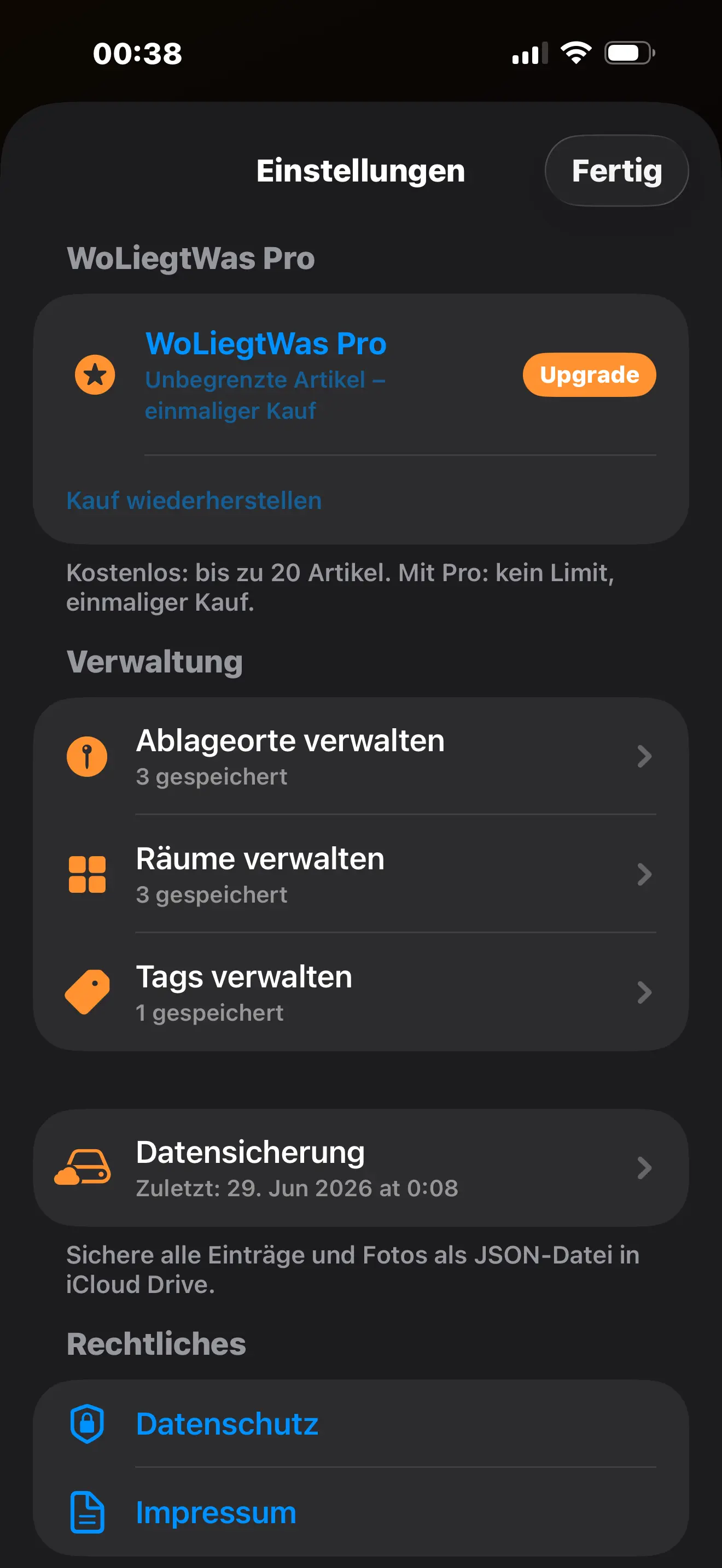 Einstellungen und Datensicherung